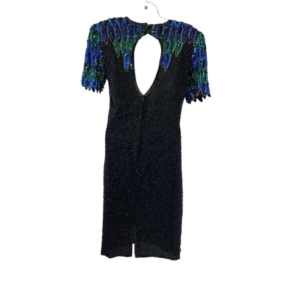 Stenay Silk Beaded Dress Sheath Short Sleeves Blue Black Peacock Feathers Size 6 - Picture 7 of 16